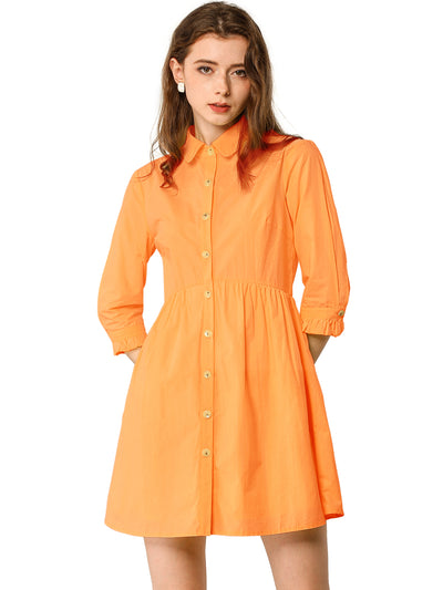 Ruched 3/4 Sleeve Button Up Casual Mini Shirt Dress