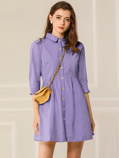 Women's Casual Shirt Dress Ruched 3/4 Sleeve Button Up Mini Dresses