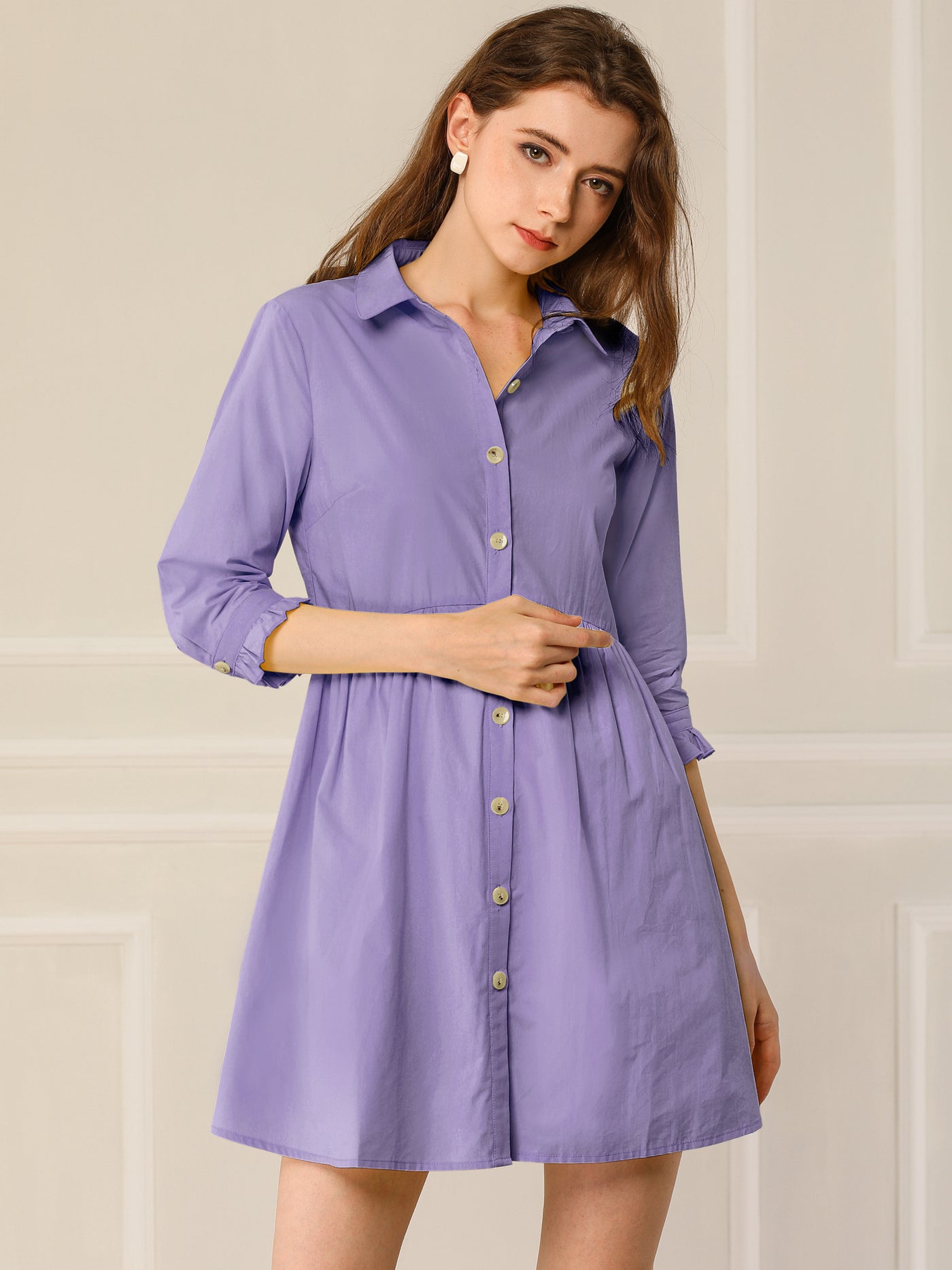 Allegra K Women's Casual Shirt Dress Ruched 3/4 Sleeve Button Up Mini Dresses