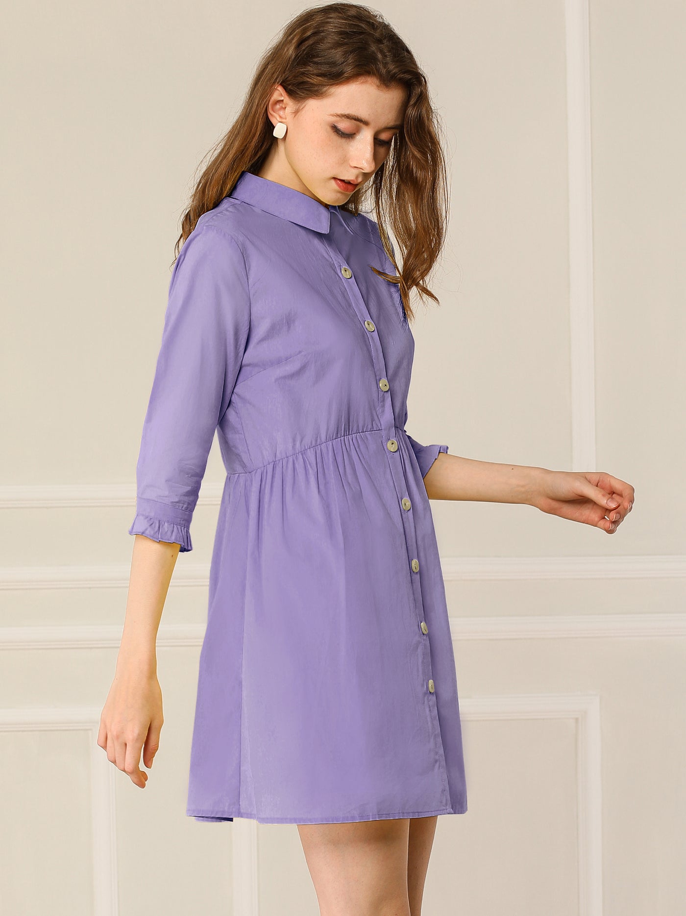 Allegra K Women's Casual Shirt Dress Ruched 3/4 Sleeve Button Up Mini Dresses