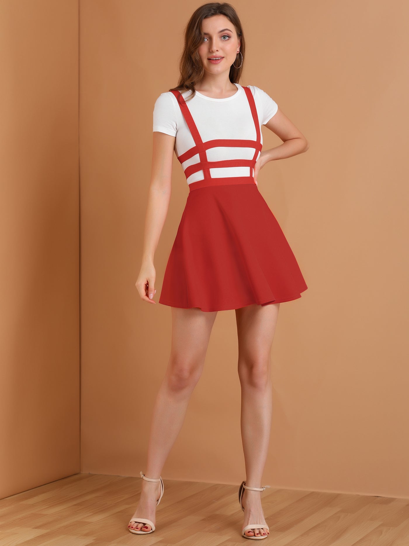 Allegra K Pleated Overall A-Line Elastic Waist Kawaii Braces Suspender Skirt