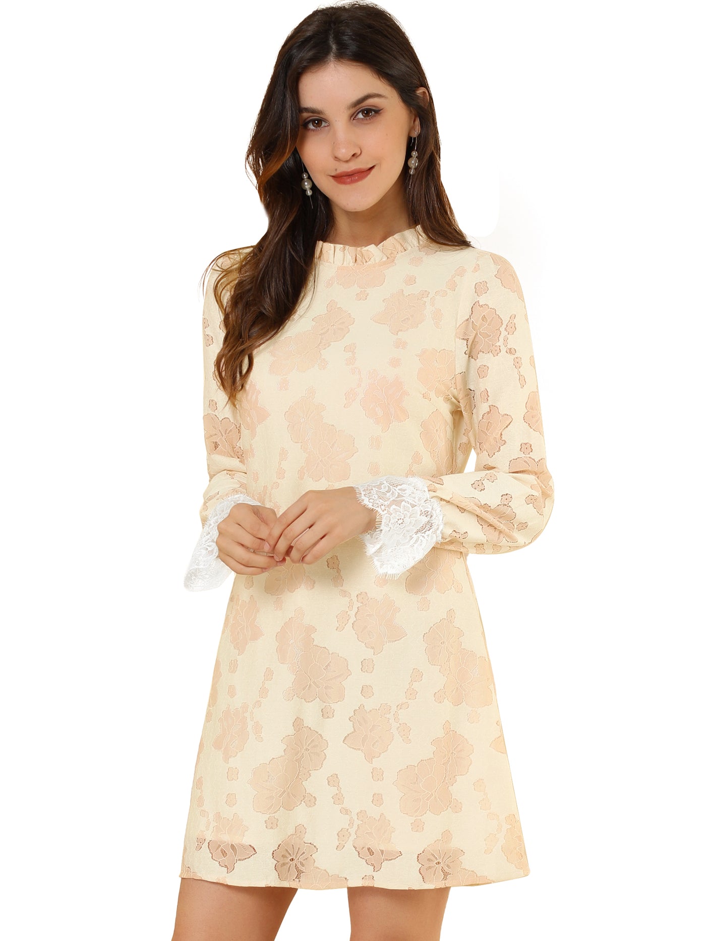 Allegra K Lace Floral Ruffle Crew Neck Cocktail Mini Dress