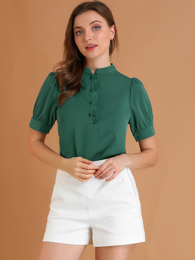 Work Office Top Puff Sleeve Half Placket Ruffled Shirt Blouse