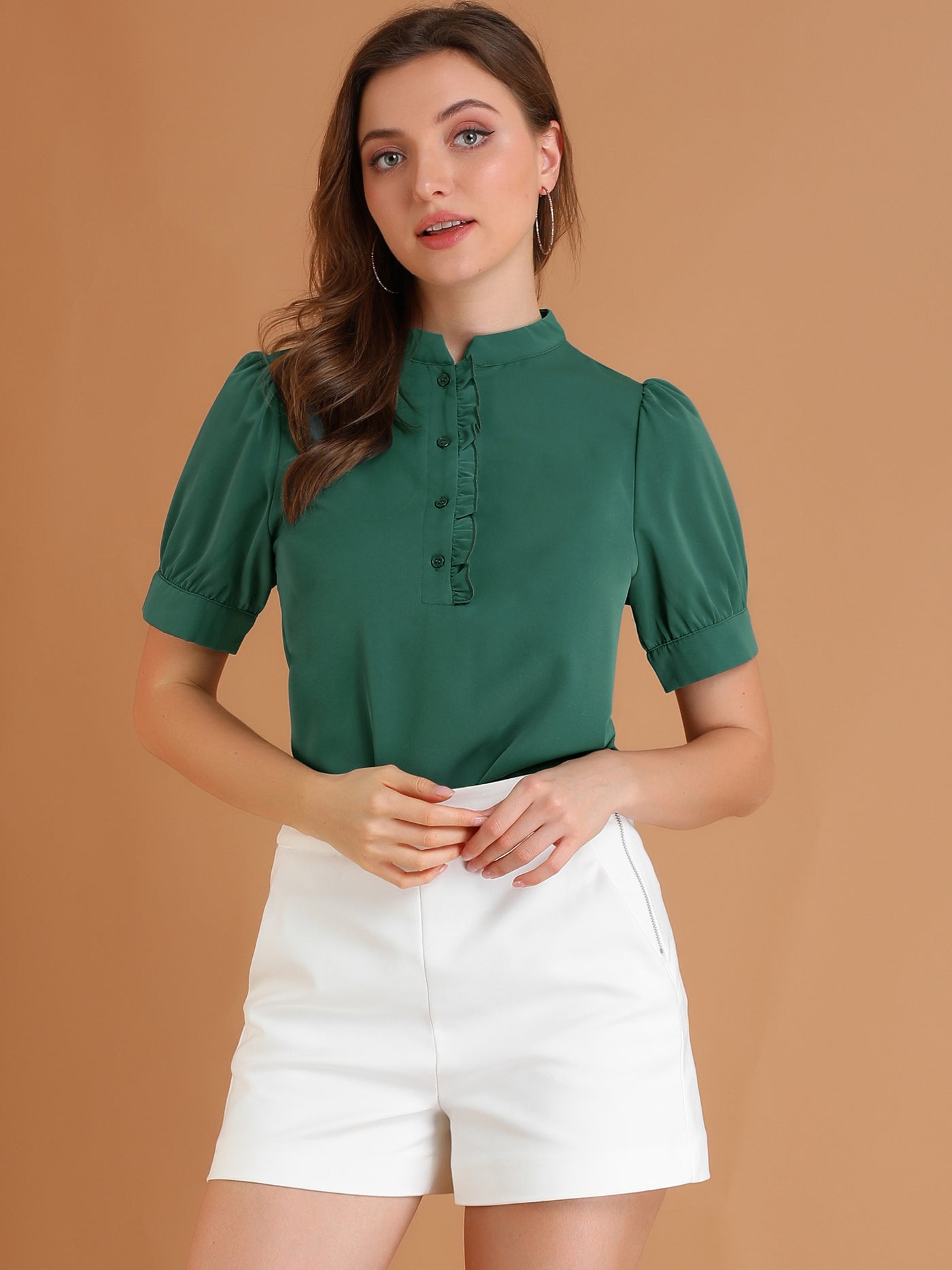 Allegra K Work Office Top Puff Sleeve Half Placket Ruffled Shirt Blouse