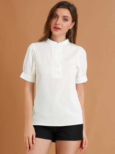 Work Office Top Puff Sleeve Half Placket Ruffled Shirt Blouse