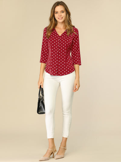 Polka Dots 3/4 Sleeve Button Front Vintage Office Blouse Top