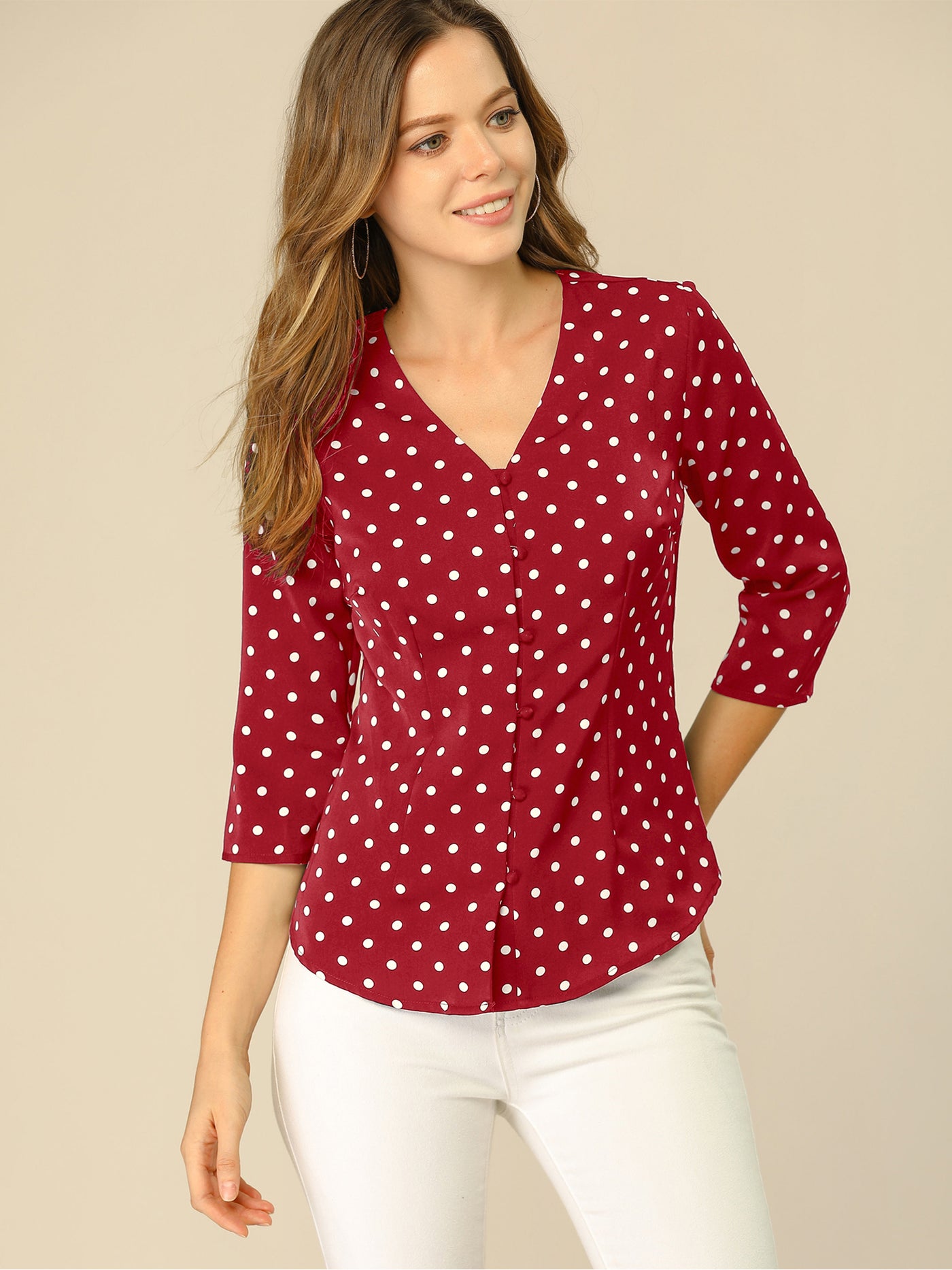 Allegra K Polka Dots 3/4 Sleeve Button Front Vintage Office Blouse Top