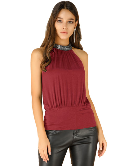 Night Out Party Blouse Sleeveless Sequin Halter Neck Tank Top