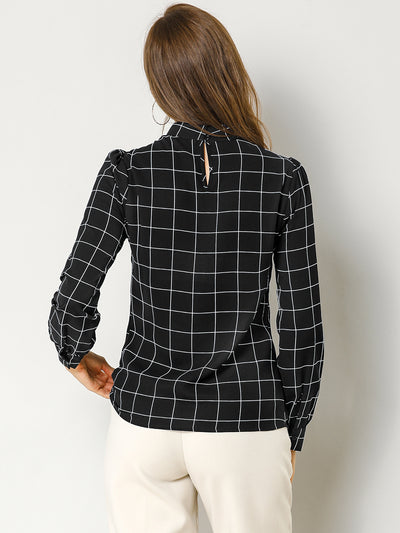 Bow Tie Neck Grid Checks Shirt Office Work Tops Blouse