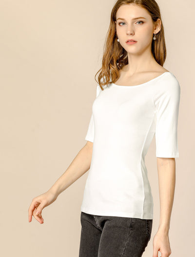 Scoop Neck Half Sleeves Fitted Layering Soft T-Shirt