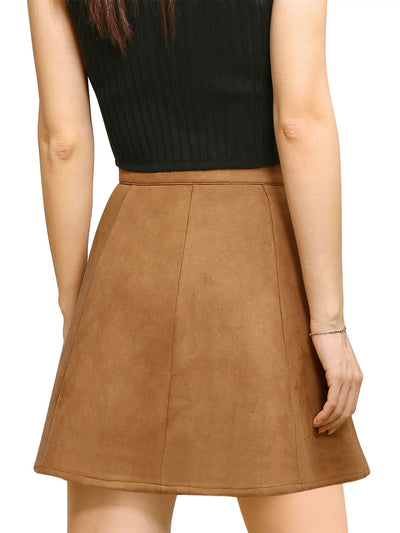 Faux Suede Button Closure A-Line High Waisted Short Skirt