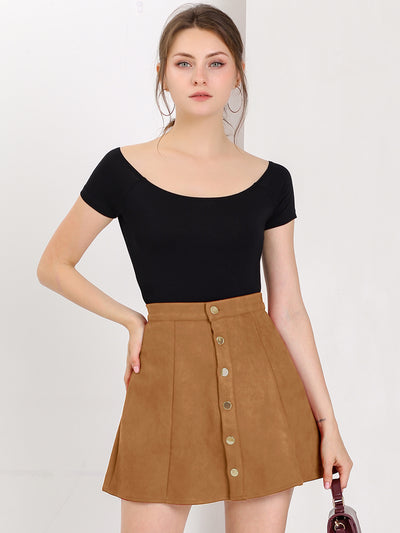 Faux Suede Button Closure A-Line High Waisted Short Skirt