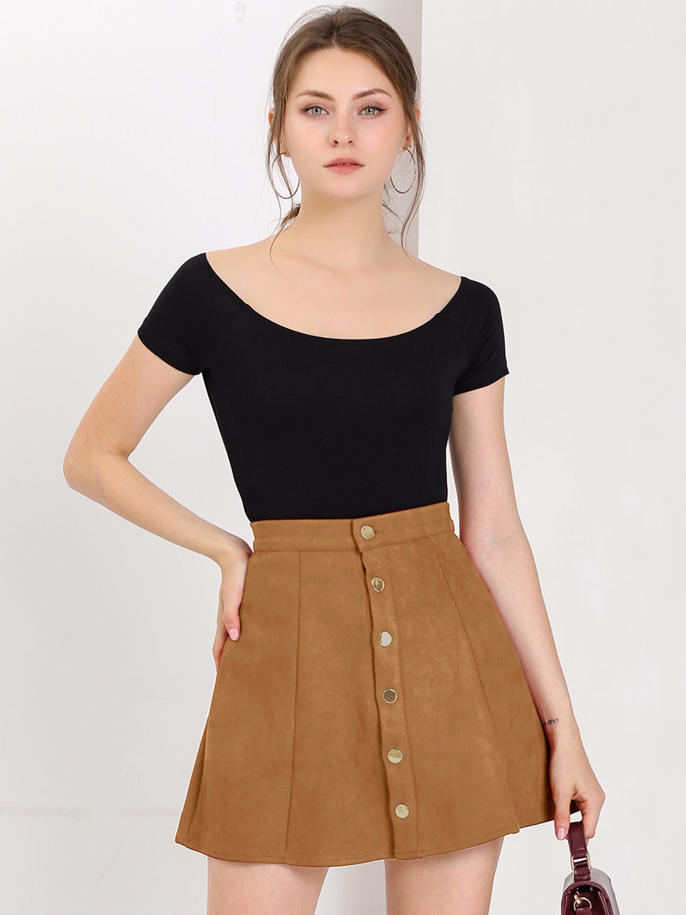 Allegra K Faux Suede Button Closure A-Line High Waisted Short Skirt