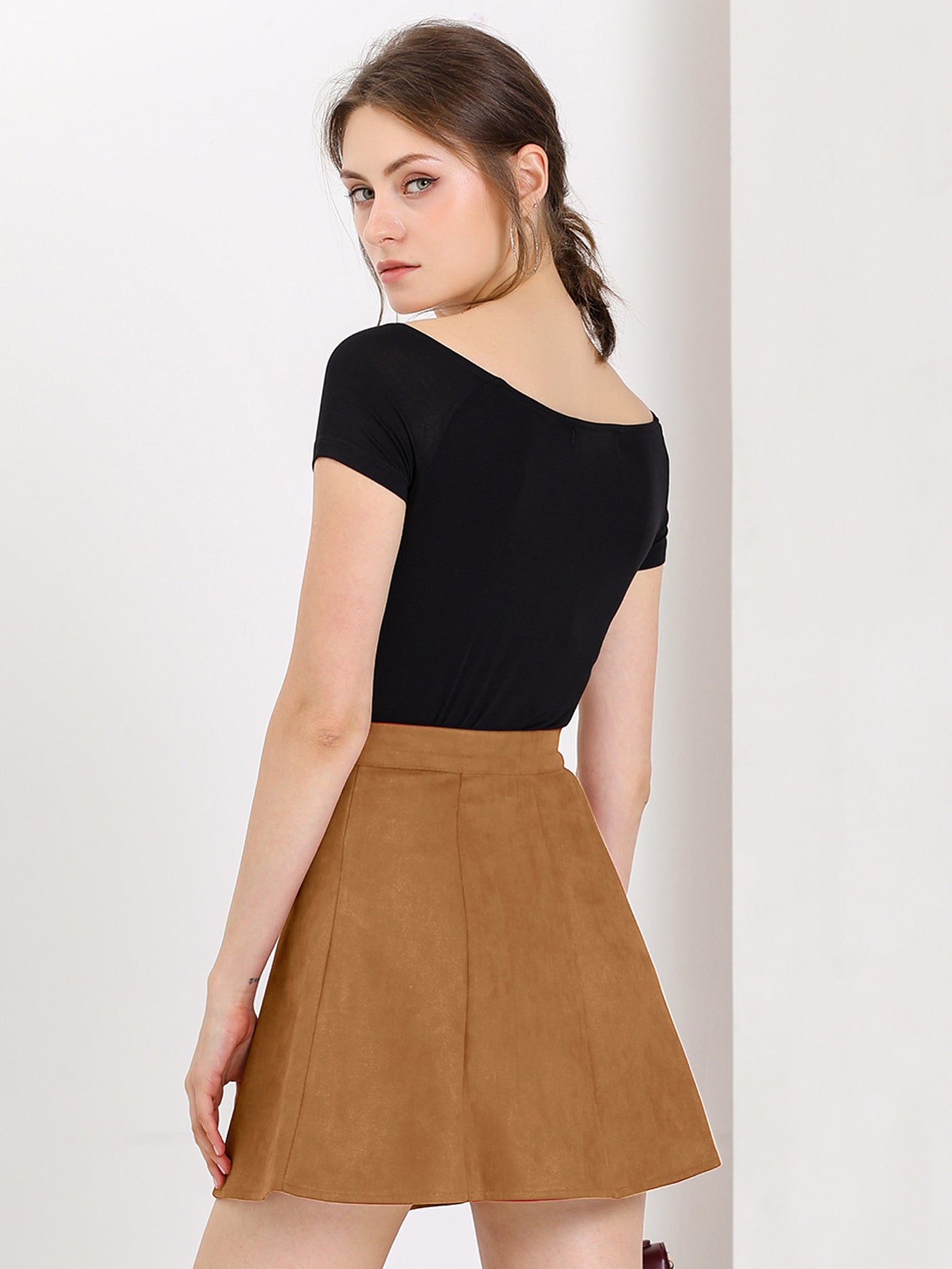 Allegra K Faux Suede Button Closure A-Line High Waisted Short Skirt