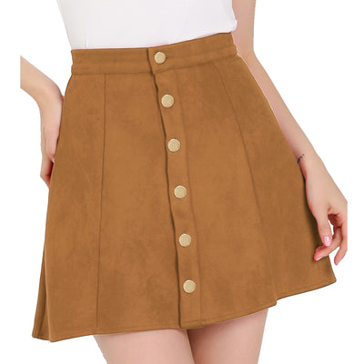 Faux Suede Button Closure A-Line High Waisted Short Skirt