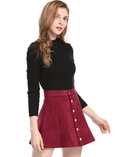 Faux Suede Button Closure A-Line High Waisted Short Skirt