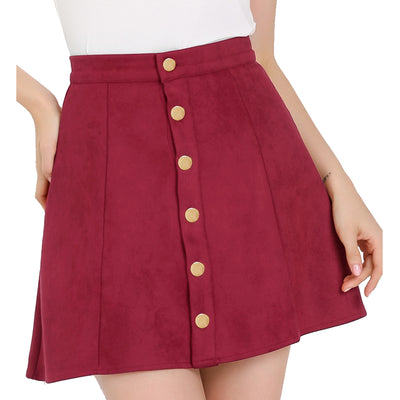 Faux Suede Button Closure A-Line High Waisted Short Skirt