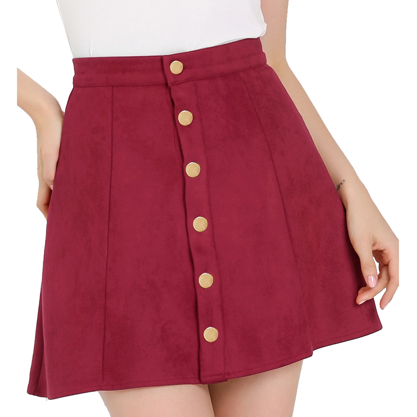 Allegra K Faux Suede Button Closure A-Line High Waisted Short Skirt