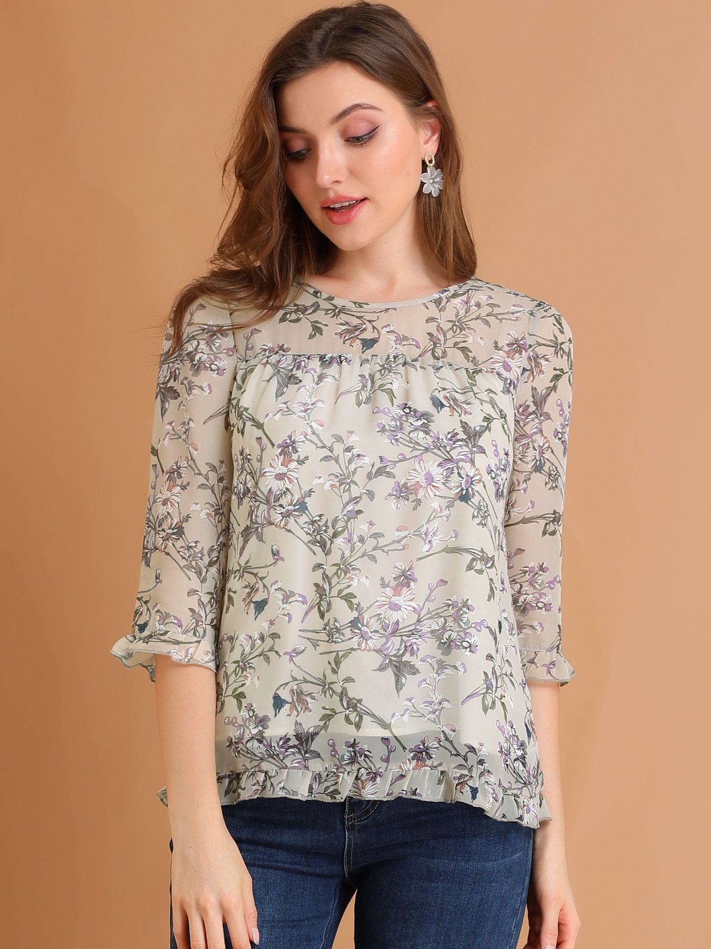 Allegra K Casual Ruffle 3/4 Sleeve Floral Print Chiffon Blouse