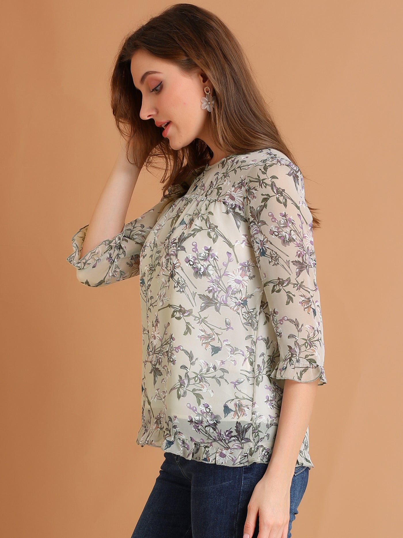 Allegra K Casual Ruffle 3/4 Sleeve Floral Print Chiffon Blouse