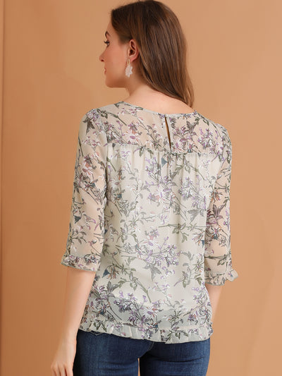 Casual Ruffle 3/4 Sleeve Floral Print Chiffon Blouse