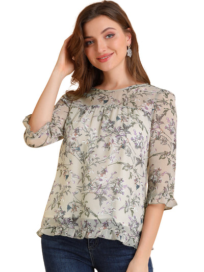 Casual Ruffle 3/4 Sleeve Floral Print Chiffon Blouse