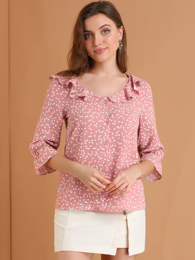 Button Down Shirt Ruffled Collar Elbow Sleeve Heart Print Blouse