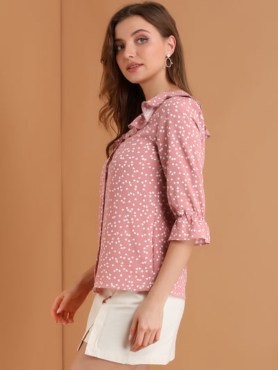 Button Down Shirt Ruffled Collar Elbow Sleeve Heart Print Blouse