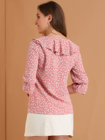 Button Down Shirt Ruffled Collar Elbow Sleeve Heart Print Blouse