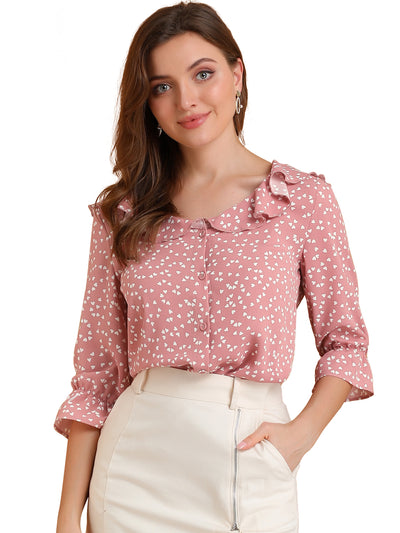 Button Down Shirt Ruffled Collar Elbow Sleeve Heart Print Blouse