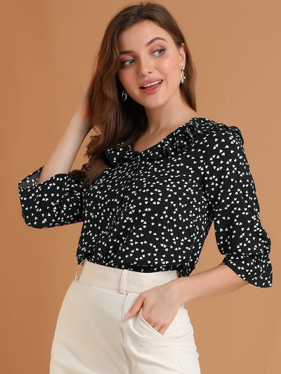 Button Down Shirt Ruffled Collar Elbow Sleeve Heart Print Blouse