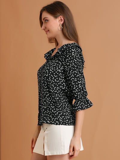 Button Down Shirt Ruffled Collar Elbow Sleeve Heart Print Blouse