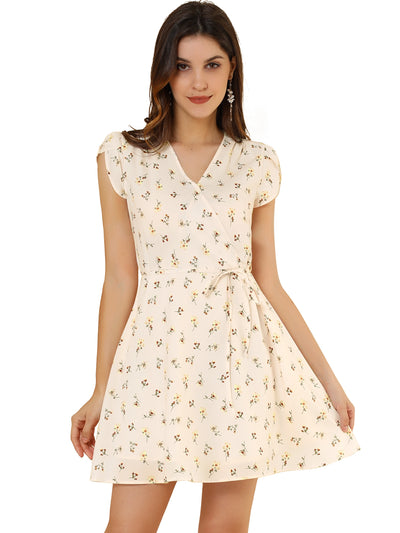 Boho Crossover V Neck Petal Sleeve Belted Floral Flowy Dress