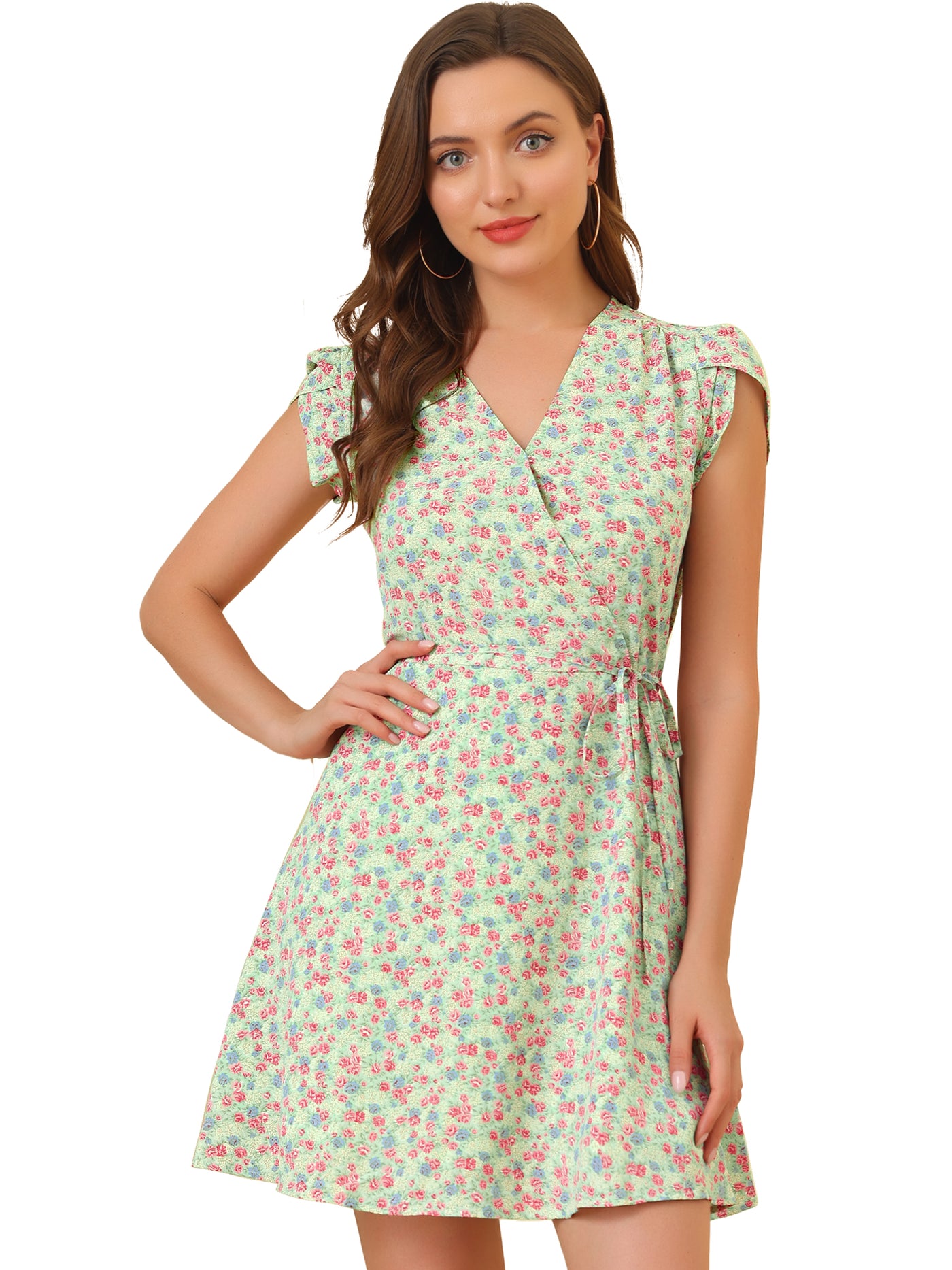 Allegra K Boho Crossover V Neck Petal Sleeve Belted Floral Flowy Dress