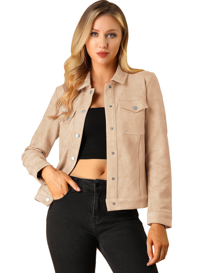 Turn-Down Collar Flap Pocket Snap Button Faux Suede Jacket