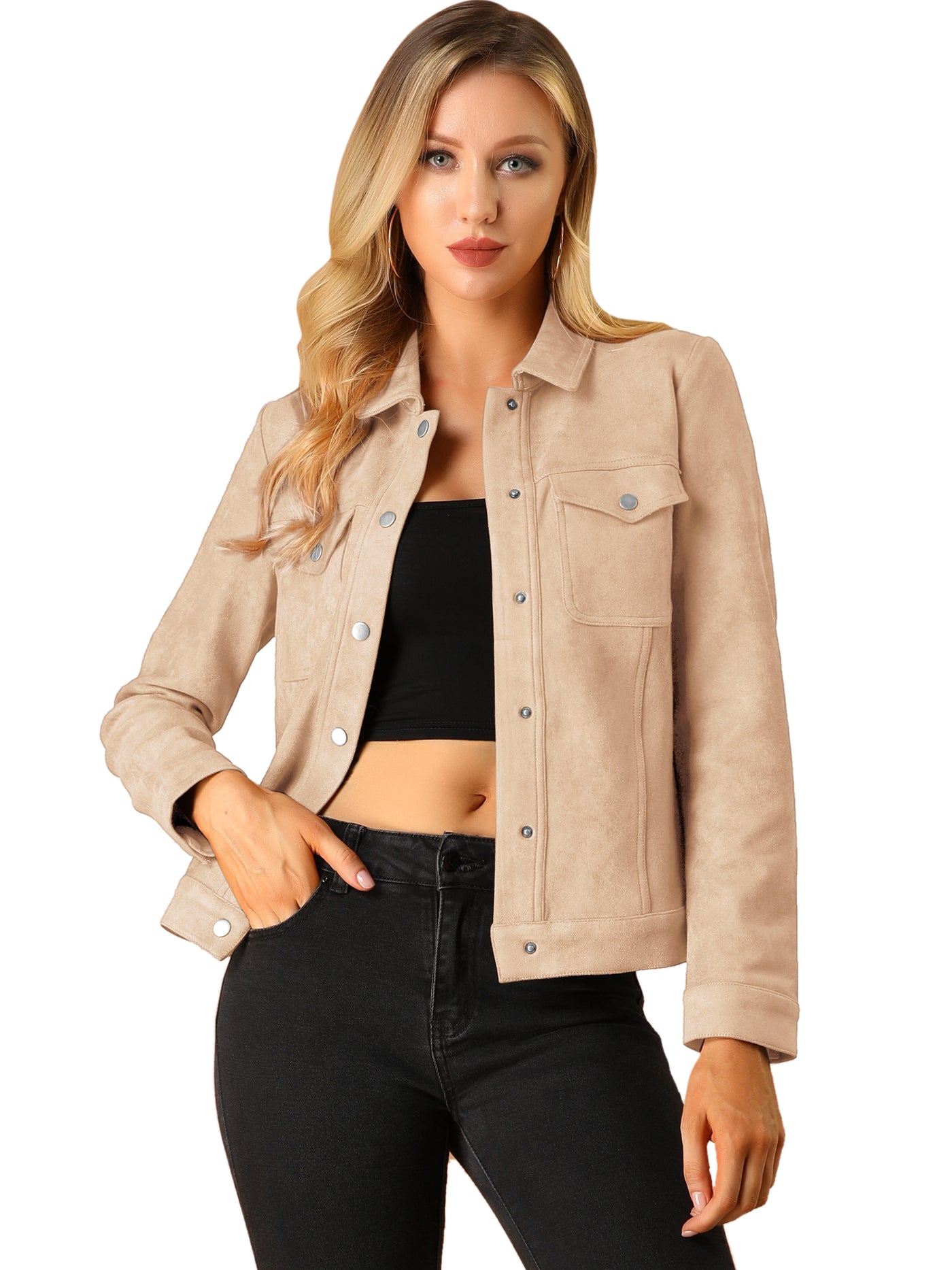 Allegra K Turn-Down Collar Flap Pocket Snap Button Faux Suede Jacket