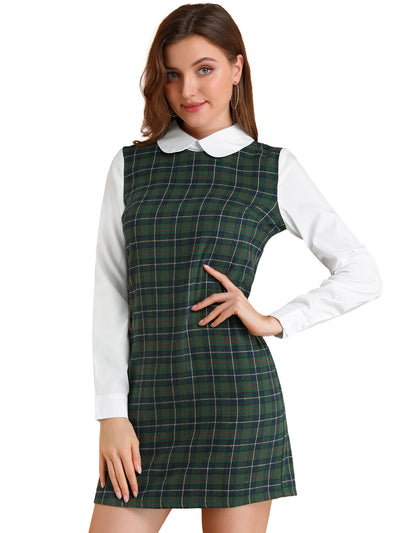 Contrast Peter Pan Collar Long Sleeve Shift Plaid Dress