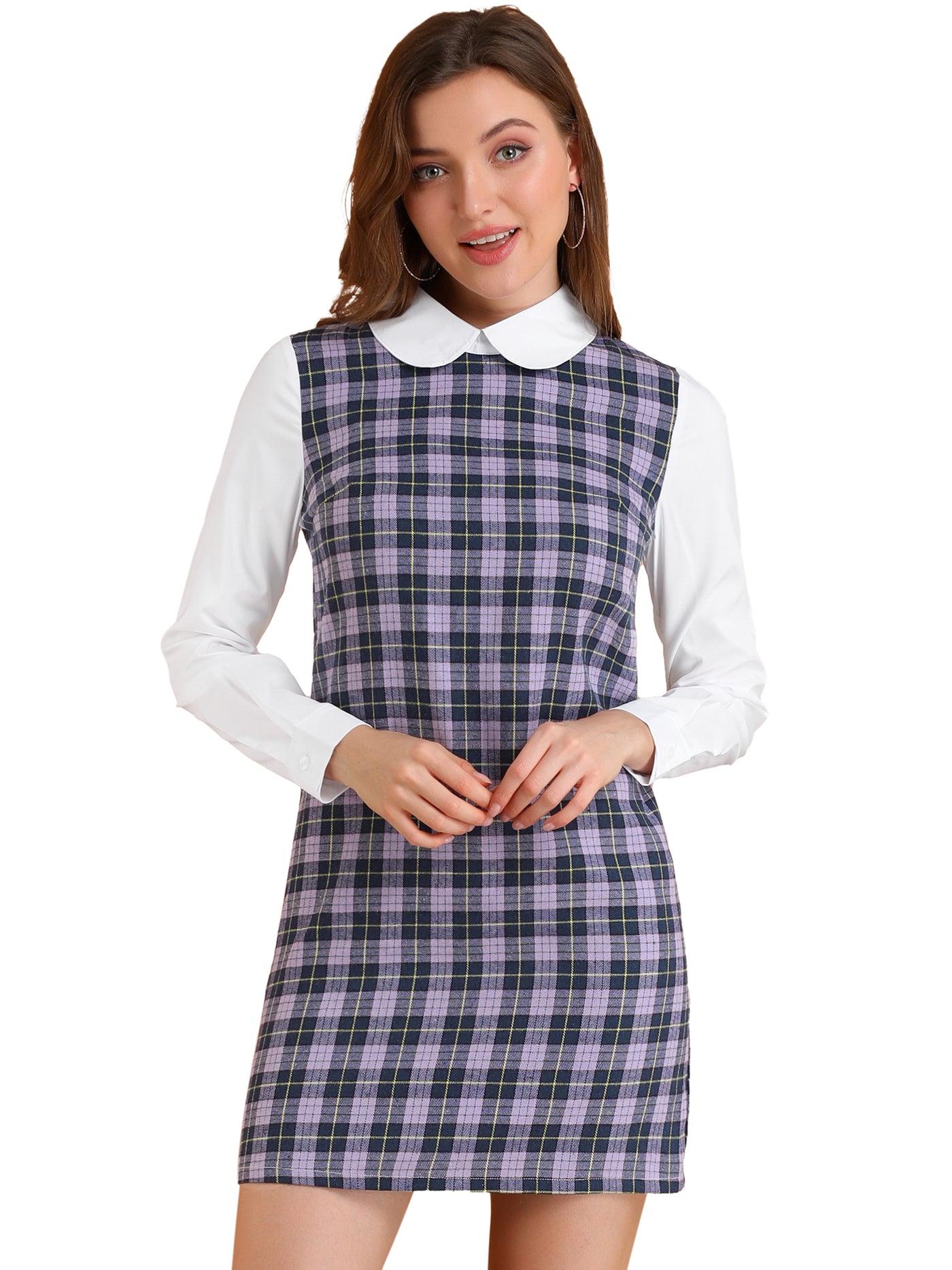 Allegra K Contrast Peter Pan Collar Long Sleeve Shift Plaid Dress