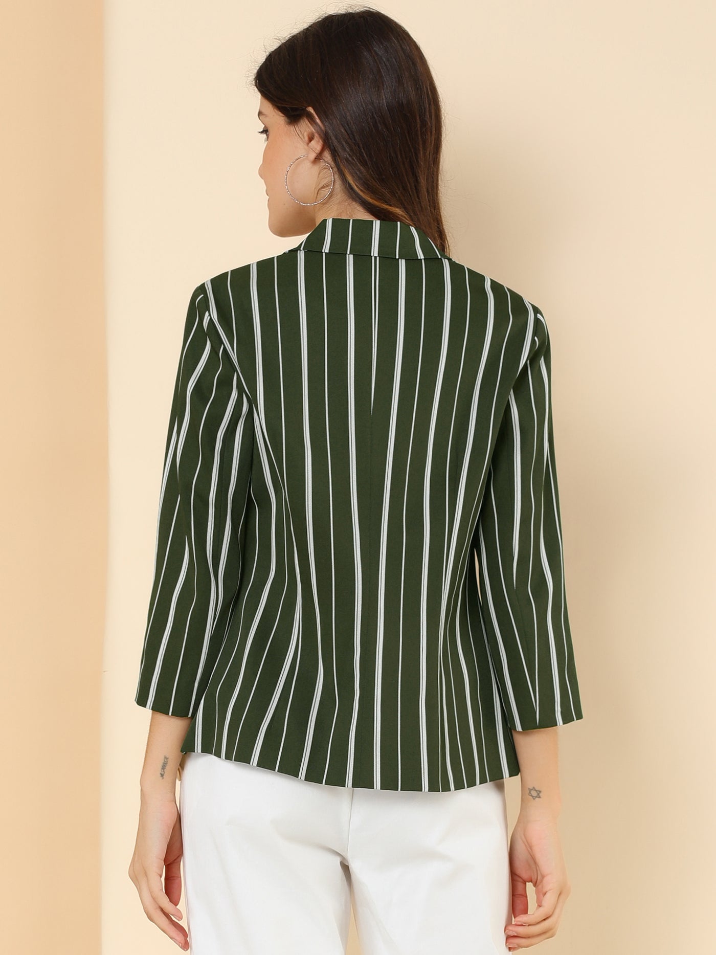 Allegra K Striped 3/4 Sleeve Open Front Notched Lapel Blazer