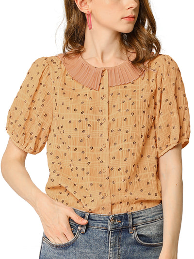 Button Down Short Sleeve Shirt Pleated Collar Floral Blouse