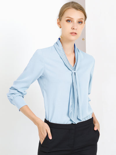 Long Sleeve Blouse Chiffon Pleated Tie Neck Office Top Shirt