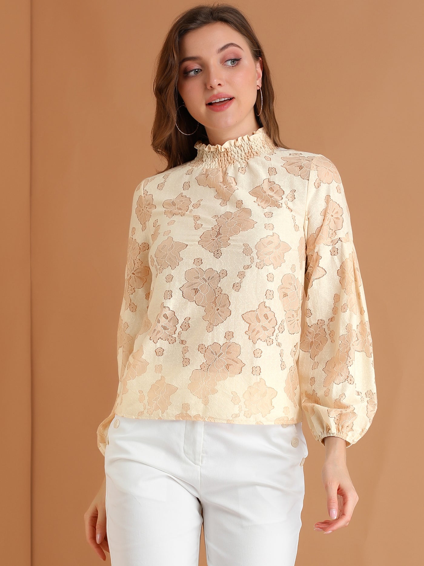 Allegra K Floral Lace Top Turtleneck Puff Long Sleeve See Through Sheer Blouse