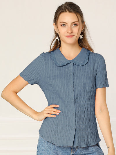 Peter Pan Collar Short Sleeves Textured Button Down Blouse