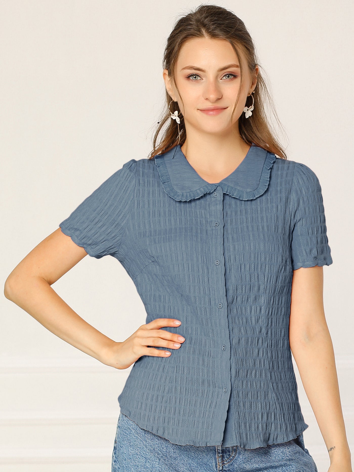 Allegra K Peter Pan Collar Short Sleeves Textured Button Down Blouse