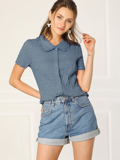 Peter Pan Collar Short Sleeves Textured Button Down Blouse