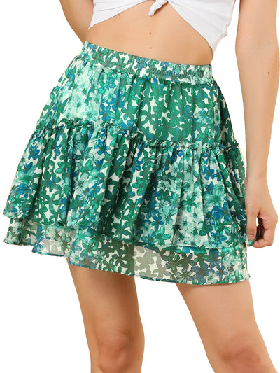 Floral Tiered Ruffle Cute Summer Flowy Chiffon Mini Skirt