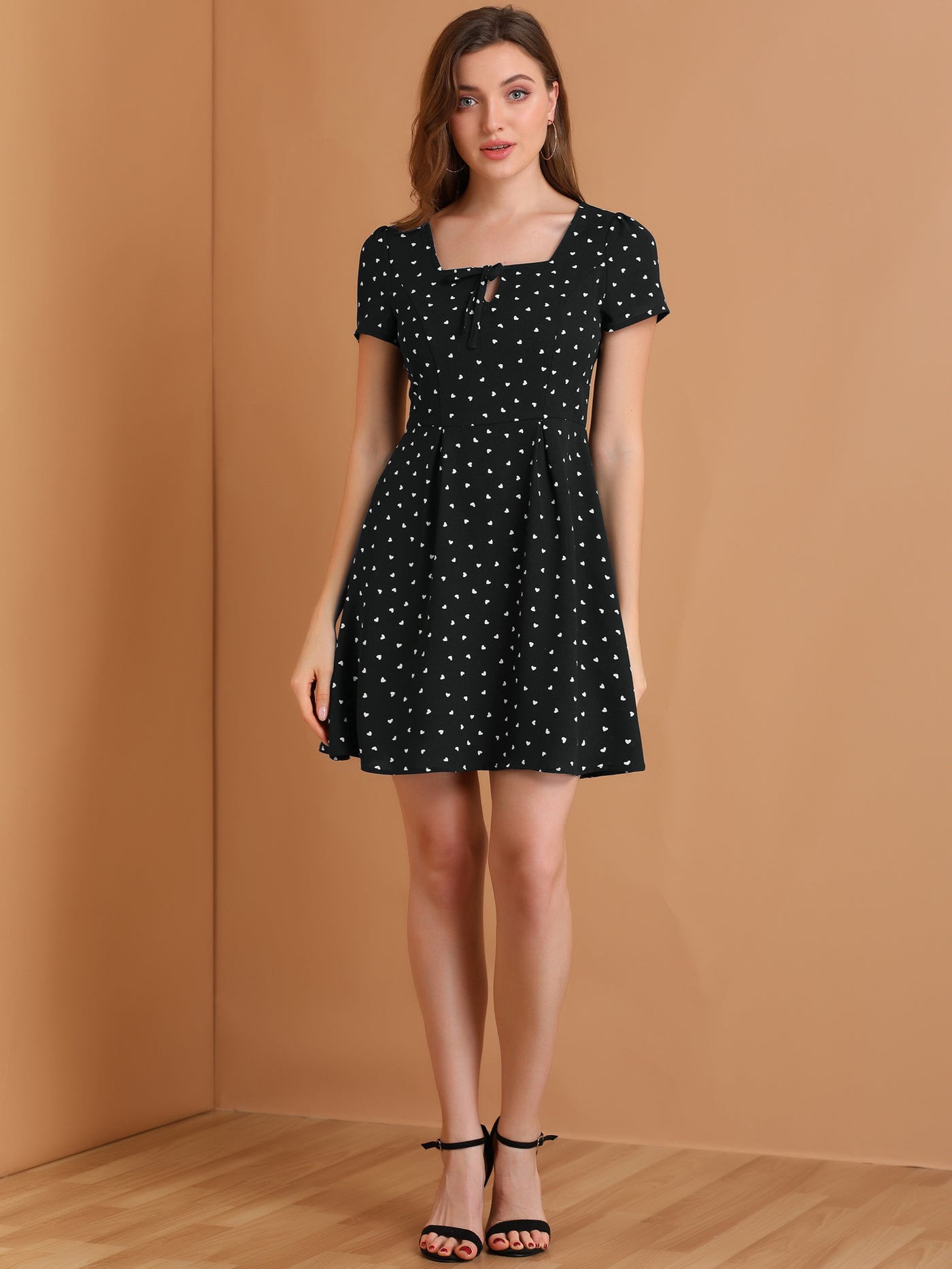 Allegra K Printed Casual Square Neck Short Sleeve Fit and Flare Dress