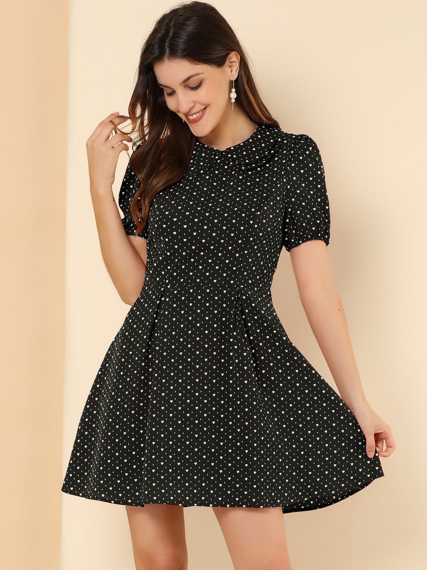 Allegra K Heart Print Short Sleeve A-Line Peter Pan Collar Mini Dress