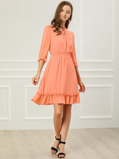 Ruffle Hem 3/4 Sleeve A-Line Smocked Midi Chiffon Dress