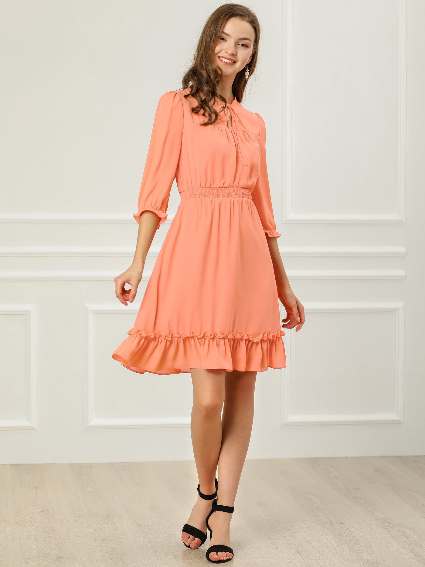 Allegra K Ruffle Hem 3/4 Sleeve A-Line Smocked Midi Chiffon Dress